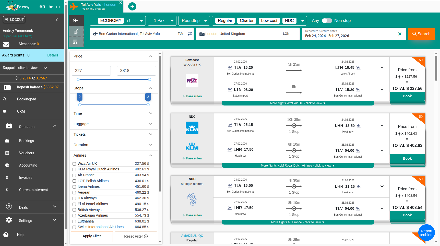 Beeasy Pro flight search interface showing multi-supplier results