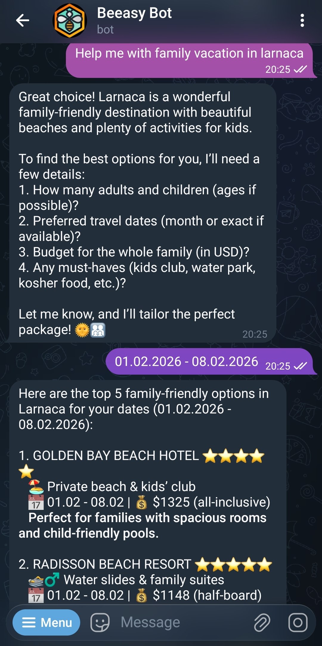BeeasyTravel AI conversation showing travel intent qualification